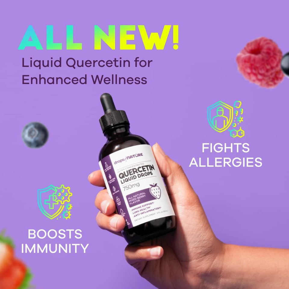 Drops Of Nature Quercetin Liquid Drops 750Mg | Lions Mane Mushroom Gummies 60 Bears | Bundle