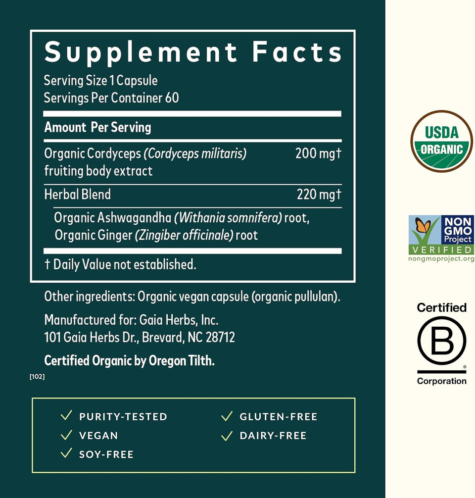 Gaia Herbs Adaptogen Performance Mushrooms & Herbs - Energy Support Supplement To Help Sustain Endurance And Stamina* - Contains Cordyceps And Ashwagandha - 60 Organic Vegan Capsules (30-Day Supply)