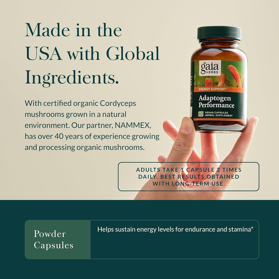 Gaia Herbs Adaptogen Performance Mushrooms & Herbs - Energy Support Supplement To Help Sustain Endurance And Stamina* - Contains Cordyceps And Ashwagandha - 60 Organic Vegan Capsules (30-Day Supply)