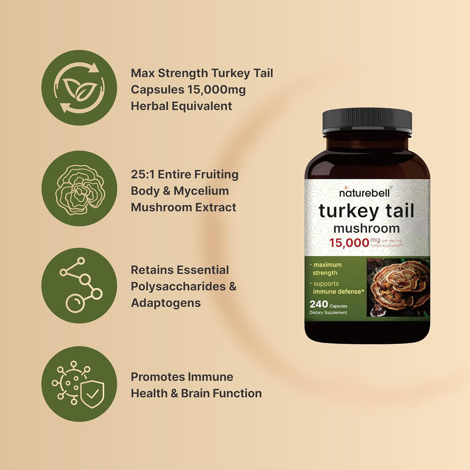 NatureBell Turkey Tail Mushroom Capsules 15,000mg Per Serving, 240 Count | 25:1 Fruiting Body & Mycelium Extract  Immune & Brain Health Mushrooms Supplement