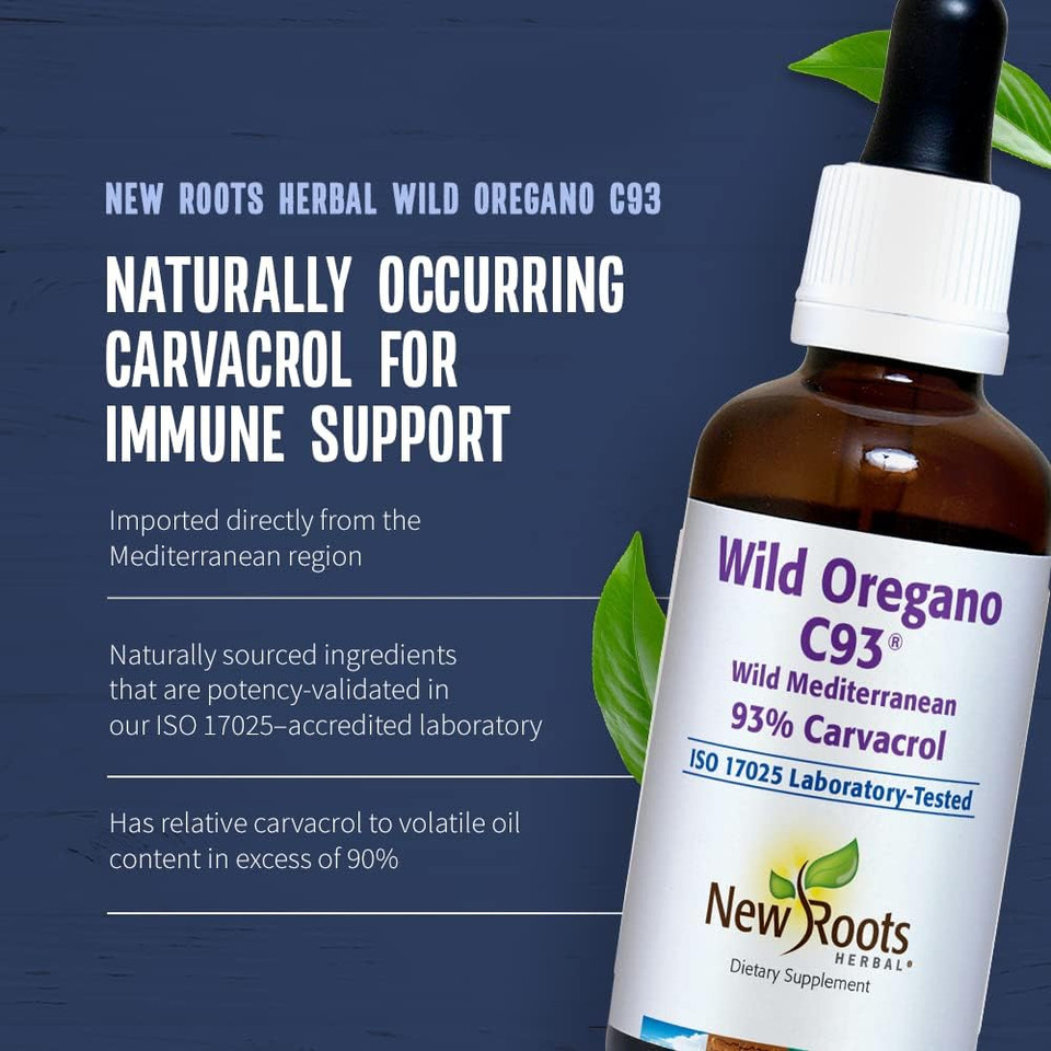 New Roots Herbal Wild Oregano C93 Oil 1 Fl Oz (30 Ml) Liquid Drops | Organic Immune Support Supplement | Highest Natural Carvacrol Concentration | Alcohol Free, Non Gmo, Vegan, Gluten Free1 Fl Oz (Pack Of 1)