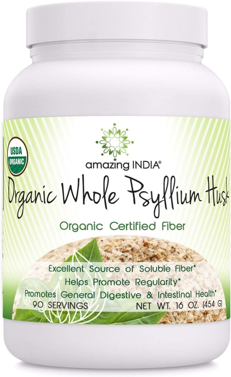 Amazing India Usda Certified Organic Whole Psyllium Husk Powder (Non-Gmo) - Excellent Source Of Soluble Fiber - Helps Promote Regularity - Promotes Intestinal Health (1 Lb)1 Pound (Pack Of 1)