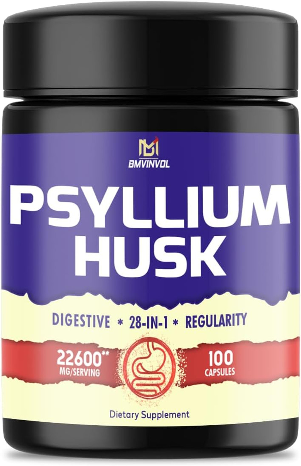 Bmvinvol 100 Capsules - Psyllium Husk Capsules 22600Mg With Bladderwrack, Burdock, Ashwagandha & More - 28In1 Psyllium Supplement For Digestive Health & Weight Management