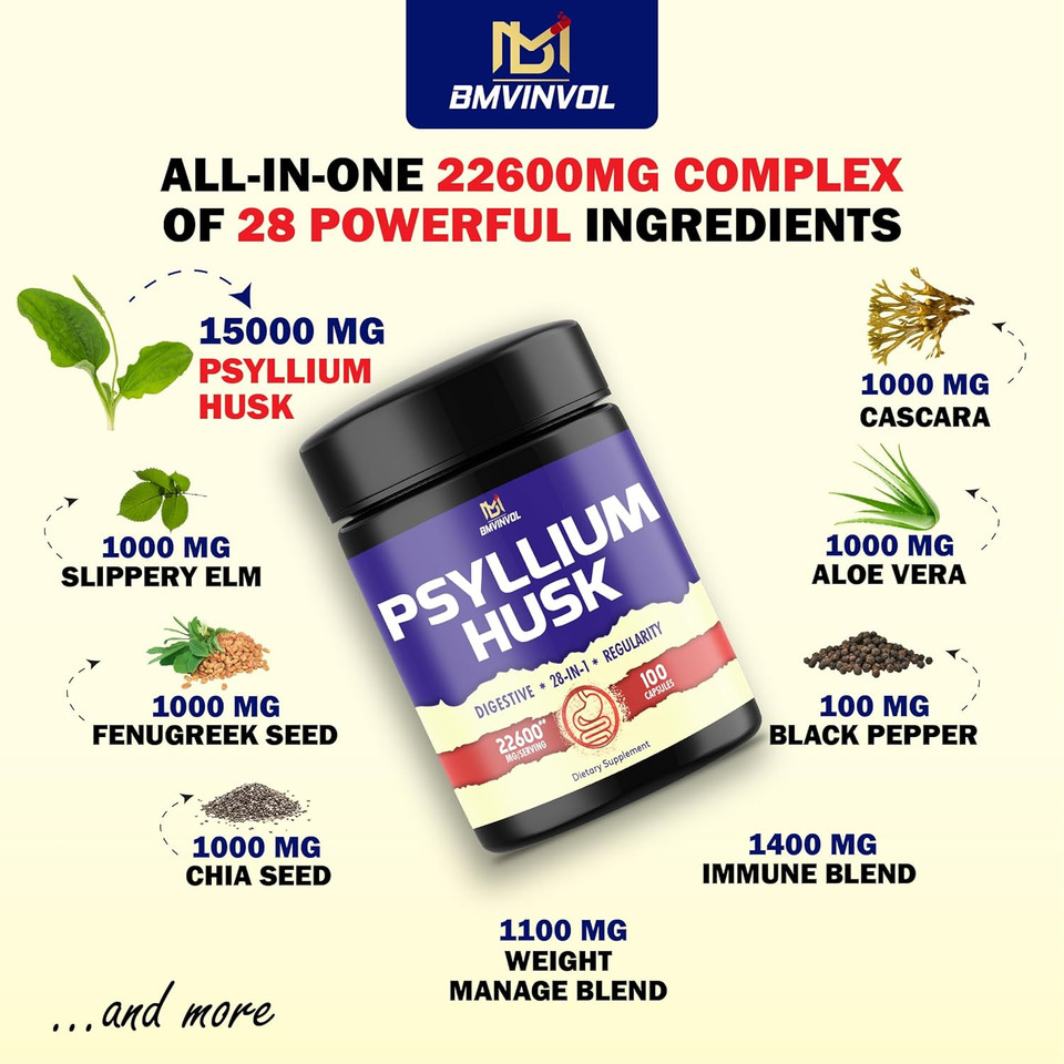 Bmvinvol 100 Capsules - Psyllium Husk Capsules 22600Mg With Bladderwrack, Burdock, Ashwagandha & More - 28In1 Psyllium Supplement For Digestive Health & Weight Management