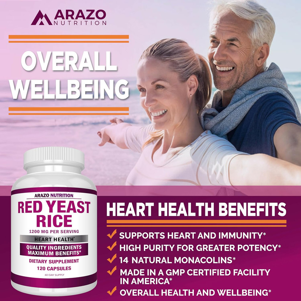 Arazo Nutrition Red Yeast Rice Extract 1200 Mg  Citrinin Free Supplement  Vegetarian 120 Capsules