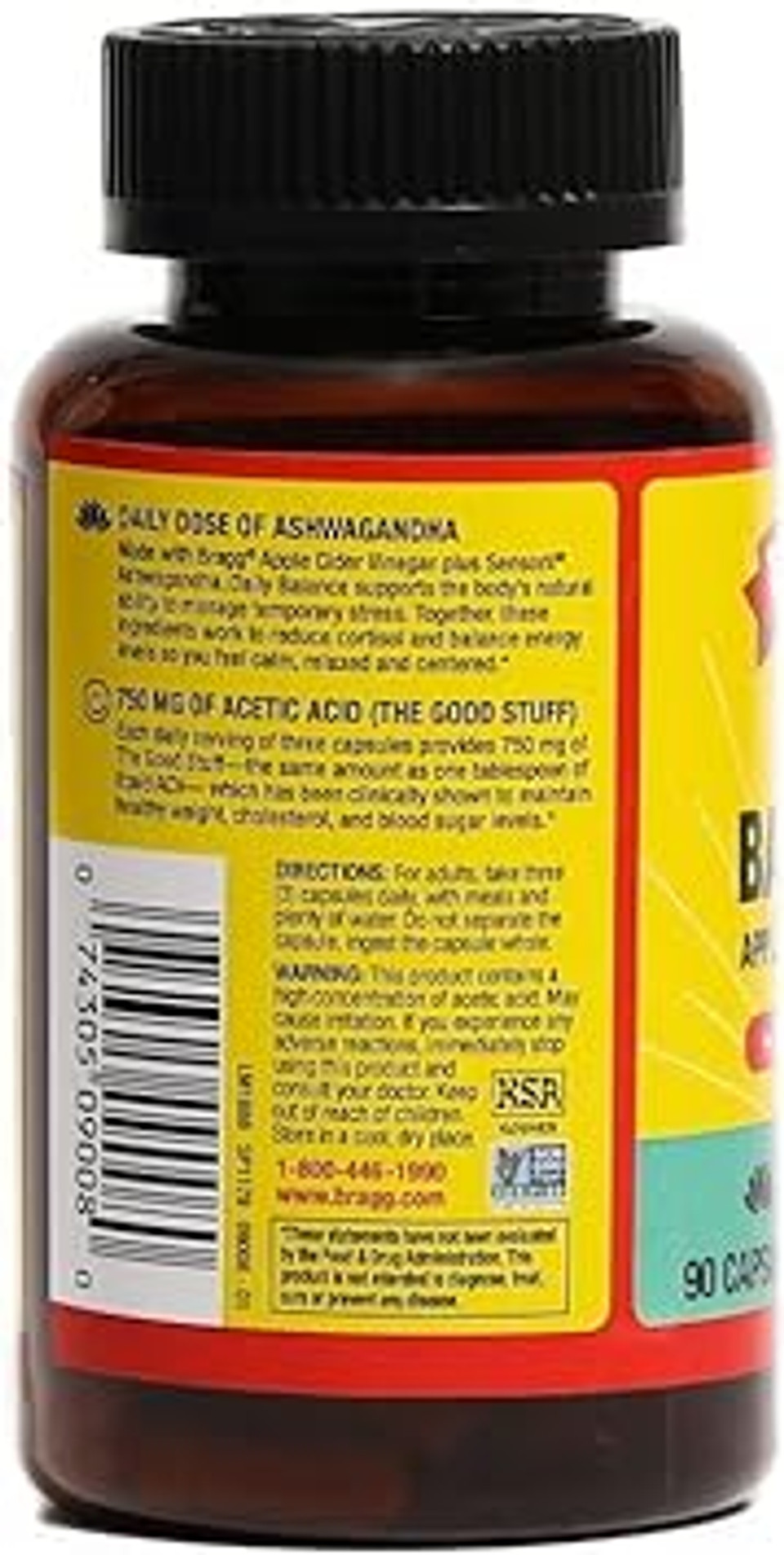 Bragg Daily Balance Apple Cider Vinegar And Sensoril Ashwagandha Capsules - 750Mg Of Acetic Acid  Energy & Weight Management Support - Natural Everyday Stress Relief And Mood Enhancer - (90 Pills)