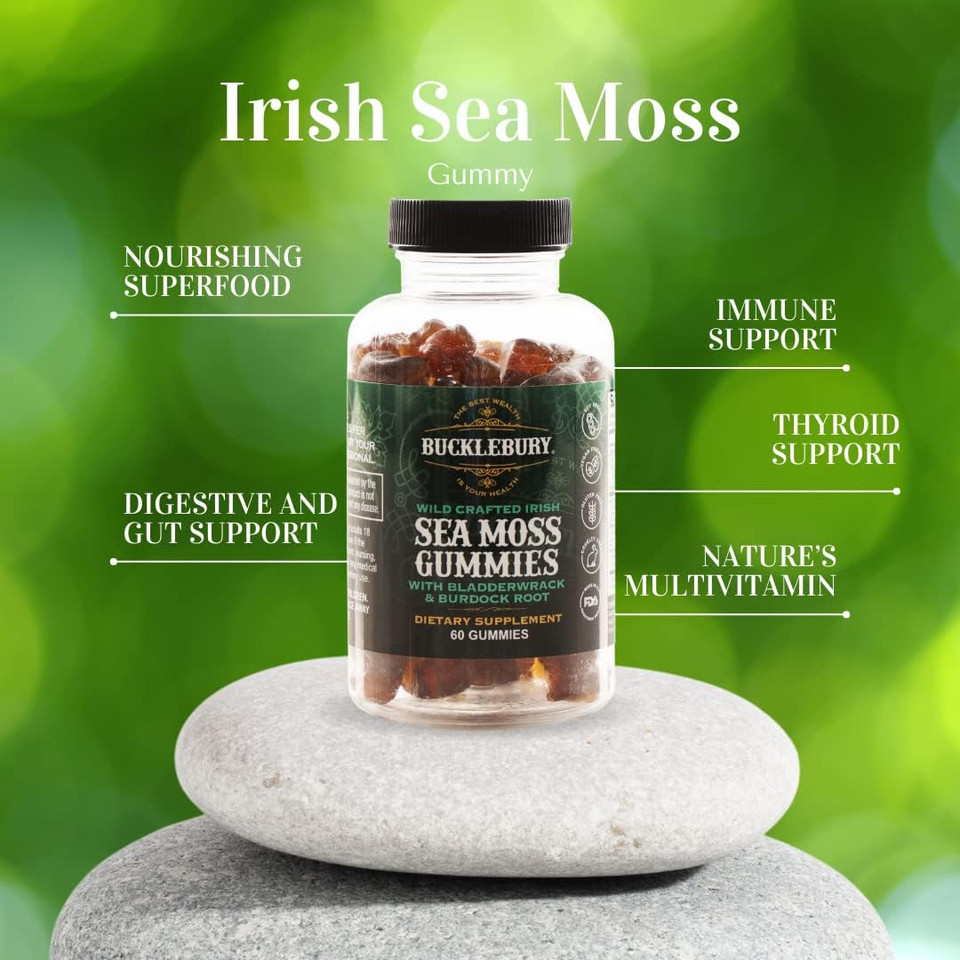 Bucklebury Wild Crafted Irish Sea Moss Gummies With Bladderwrack & Burdock Root - Chewable Natural Multivitamin Vegan Gummies For Immune, Thyroid, Digestive, And Gut Support - 60 Gummies
