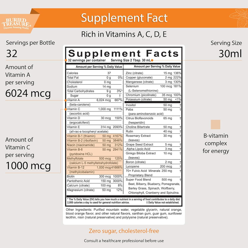 Buried Treasure Vm100 Complete Daily Liquid Vitamins And Minerals Plus Antioxidants Supplement For Maximum Absorption Great Tasting Orange Zest Flavor 32 Servings 32 Ounce