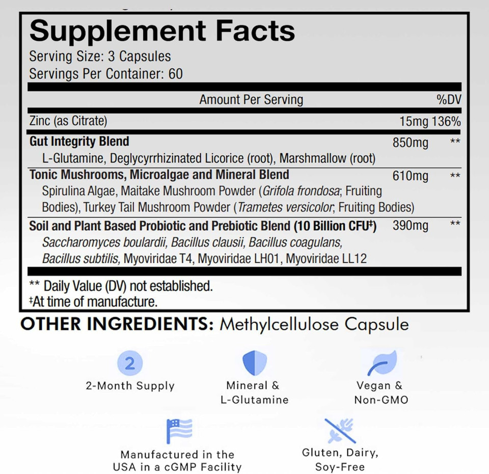 Codeage Gut Health Supplements Vegan Formula - L Glutamine, Zinc, Turkey Tail Mushroom Powder, Tonic Mushroom, Maitake, Micro Algae, Mineral, Licorice Root Dgl - Probiotics, Prebiotics - 180 Capsules