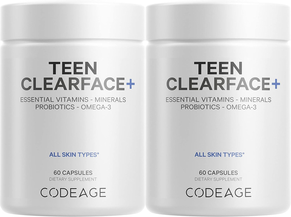 Codeage Teen Clearface Adolescent Face, Skin & Pimples, Vitamins A, C, D3, E, Pantothenic Acid, Niacin, Zinc Supplement Teenagers, Probiotics, L-Lysine, Omega-3, Oily Skin, Pores, Spots - 2 Pack60 Count (Pack Of 2)