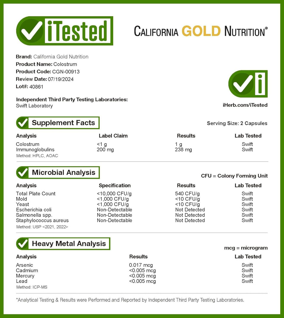 Colostrum By California Gold Nutrition - Concentrated Bovine Pre-Milk Supplement Featuring Immunoglobulins - Immune Support - Gluten Free, Non-Gmo, No Antibiotics - 240 Veggie Capsules
