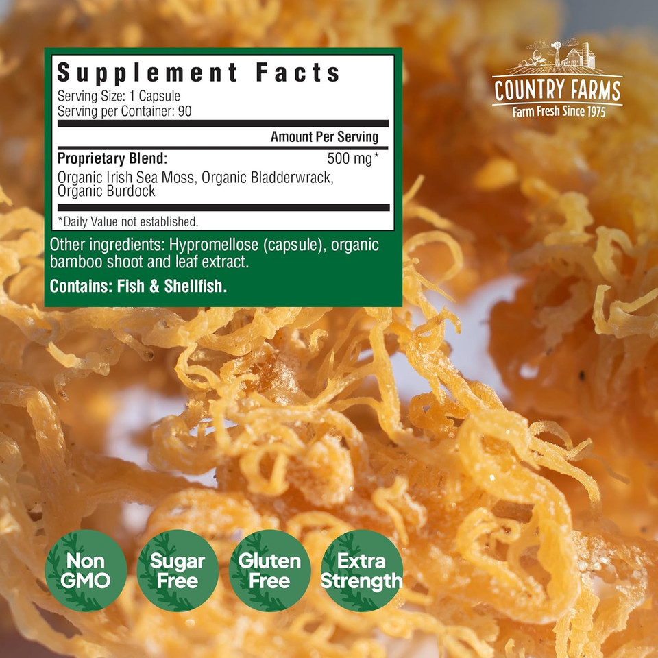 Country Farms Irish Sea Moss Capsules, Supports Beautiful Skin, Immune Support, Promotes Healthy Gut, Radiant Skin And Natural Energy Levels, Burdock Root, Irish Moss And Bladderwrack, 90 Capsules