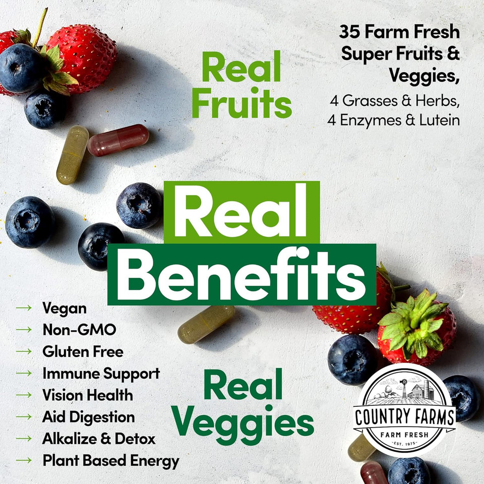Country Farms Super Fruits And Veggies Capsules, Whole Food Supplement, Powerful Antioxidant, Supports Energy, Immune Health, Boosts Digestive Health, 30 Super Foods, 30 Servings