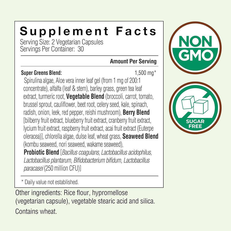 Country Farms Super Greens Vegicaps, 32 Super Foods, Whole Food Supplement, Greens, Fruit, Vegetables, Mushrooms & Probiotics, Rich In Antioxidants & Phytonutrients, 60 Count, 30 Servings