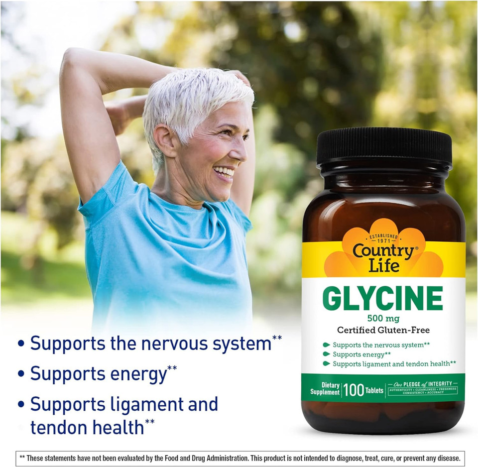 Country Life Glycine 500 Mg, 100 Tablets, Certified Gluten Free, Certified Vegan