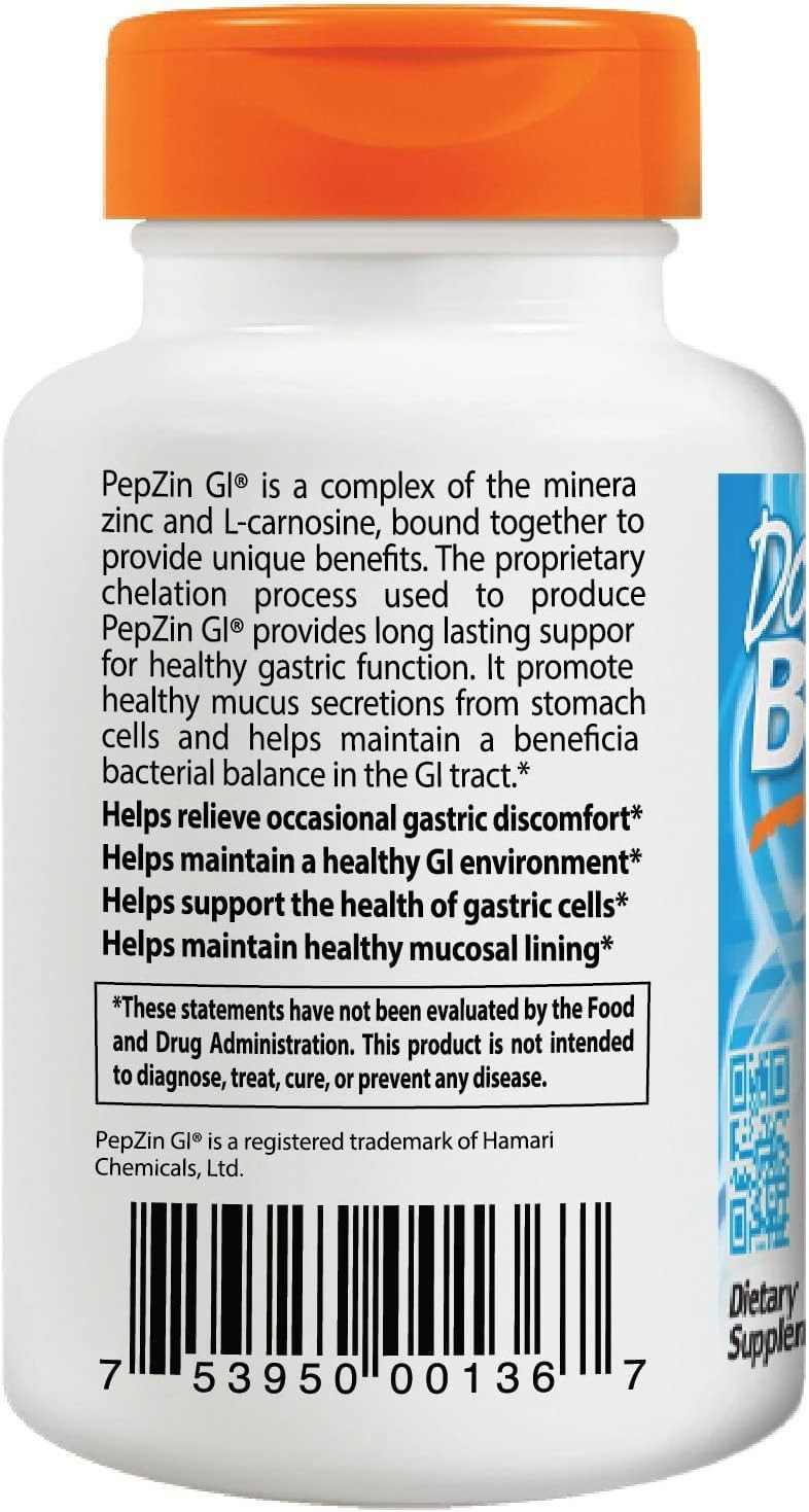 Doctor'S Best Pepzin Gi, Zinc-L-Carnosine Complex, Non-Gmo, Vegan, Gluten Free, Soy Free, Digestive Support, 120 Veggie Caps
