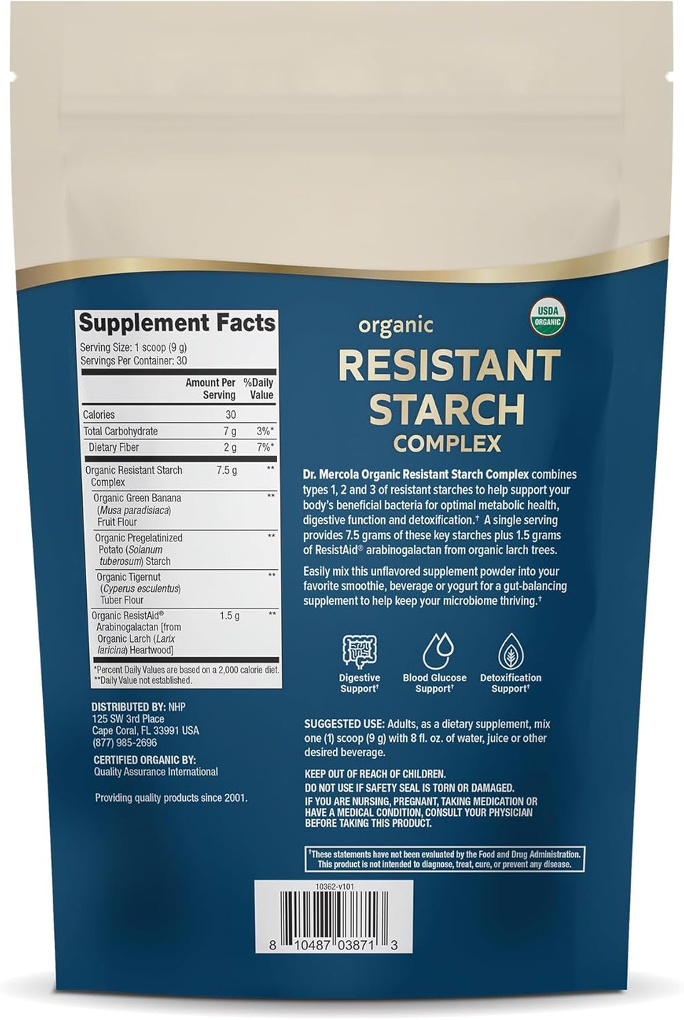 Dr. Mercola Unflavored Organic Resistant Starch Complex, 9.52 Oz. (30 Servings), Non Gmo, Gluten Free, Soy Free, Usda Organic