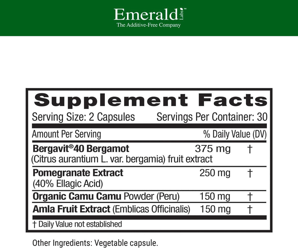 Emerald Labs Bergamot+ - Supports Metabolism & Heart Health With Bergamot, Pomegranate, Amla & Camu Camu - Gluten-Free & Vegan - 60 Vegetable Capsules (30 Servings)