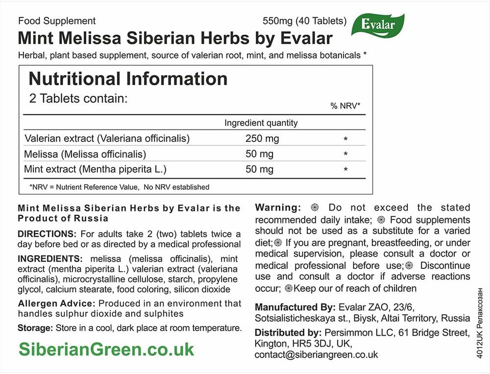 Evalar Melissa Mint Siberian Herbs Relaksozan 40 Tabs