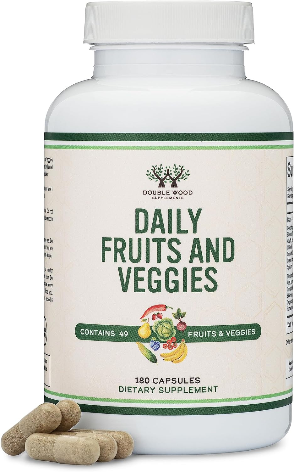 Fruits And Veggies Supplement (Daily Blend Of 49 Different Fruits And Vegetables, 23 Veggies And 29 Fruits) 1,500Mg Servings, 180 Capsules (No Fillers, Vegan Safe, Non-Gmo) By Double Wood