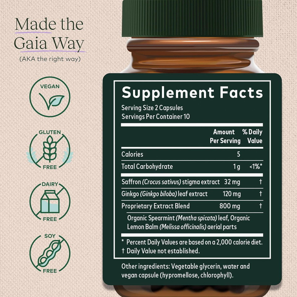 Gaia Herbs Nootropic Focus - Brain & Cognitive Support Supplement To Help Maintain Healthy Concentration* - With Saffron, Lemon Balm & Spearmint - 20 Liquid Phyto-Capsules (Up To 10-Day Supply)