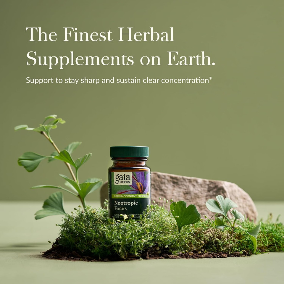 Gaia Herbs Nootropic Focus - Brain & Cognitive Support Supplement To Help Maintain Healthy Concentration* - With Saffron, Lemon Balm & Spearmint - 20 Liquid Phyto-Capsules (Up To 10-Day Supply)