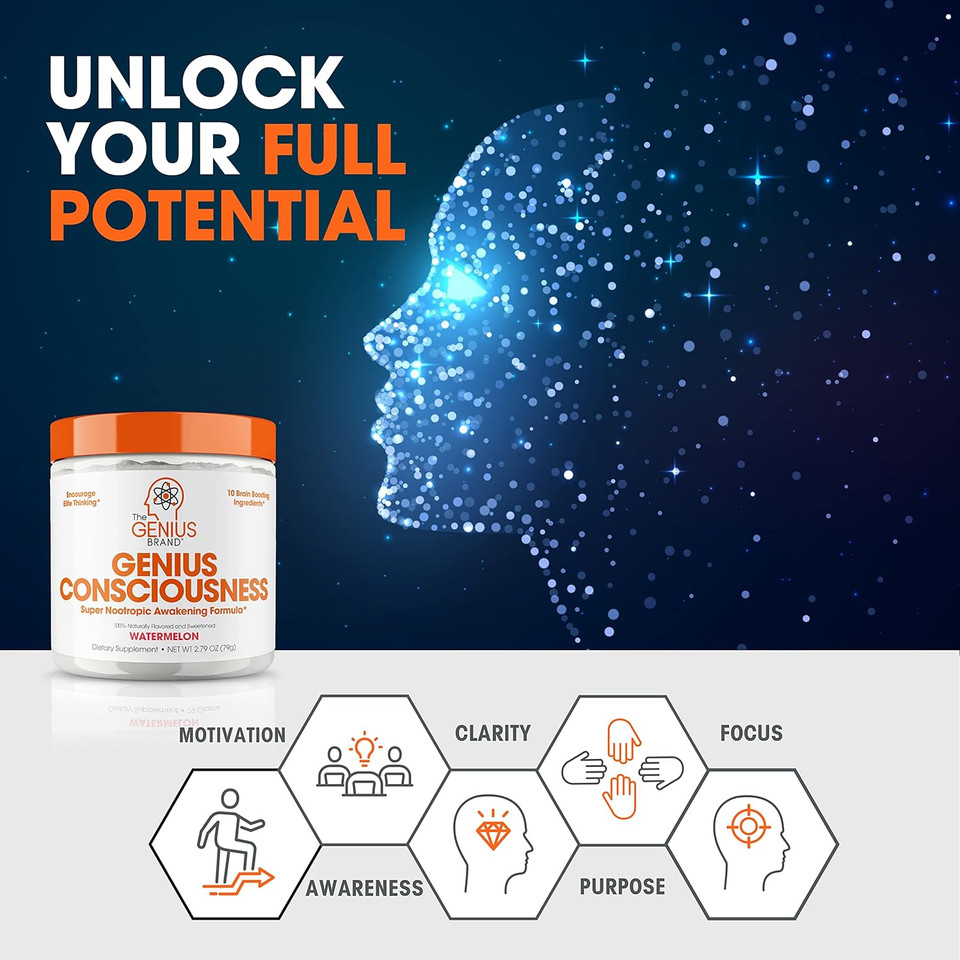 Genius Consciousness, Super Nootropic Brain Supplement Powder, Watermelon - Boost Focus, Cognitive Function, Concentration & Memory Booster - Alpha Gpc & Lions Mane Mushroom For Neuro Energy & Iq