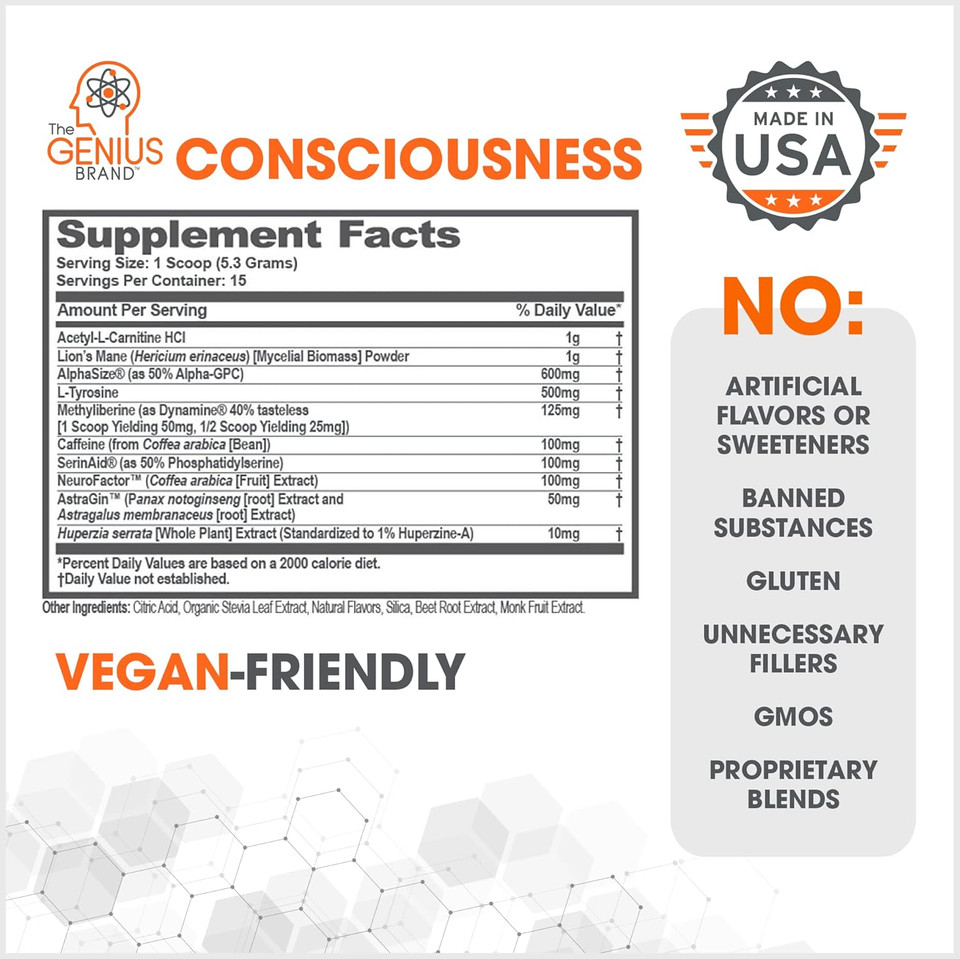 Genius Consciousness, Super Nootropic Brain Supplement Powder, Watermelon - Boost Focus, Cognitive Function, Concentration & Memory Booster - Alpha Gpc & Lions Mane Mushroom For Neuro Energy & Iq