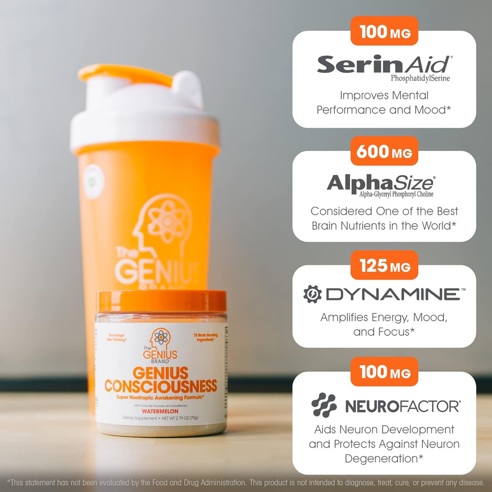 Genius Consciousness, Super Nootropic Brain Supplement Powder, Watermelon - Boost Focus, Cognitive Function, Concentration & Memory Booster - Alpha Gpc & Lions Mane Mushroom For Neuro Energy & Iq