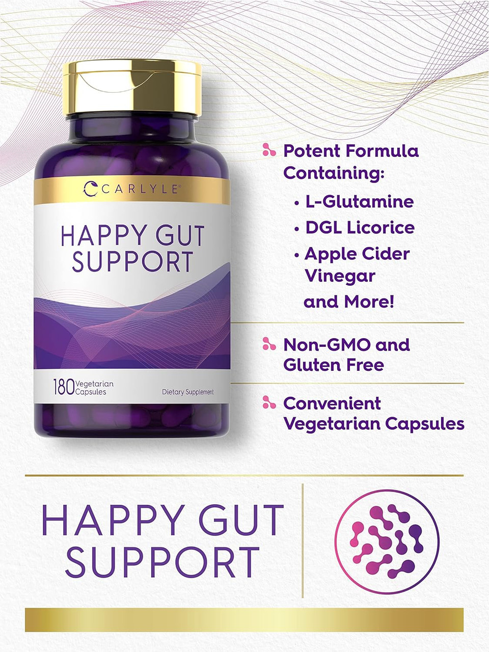 Happy Gut Support | 180 Capsules | Vegetarian, Non-Gmo, Gluten Free | By Carlyle