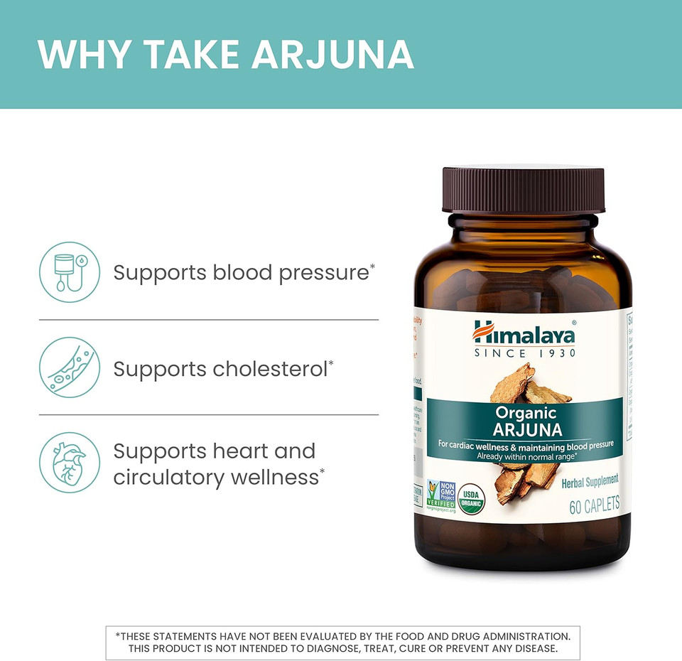Himalaya Organic Arjuna Herbal Supplement, Cardiovascular Support, Blood Pressure Maintenance, Heart Health, Usda Certified Organic, Non-Gmo, Vegan, 700 Mg, 60 Plant-Based Caplets, 60 Day Supply