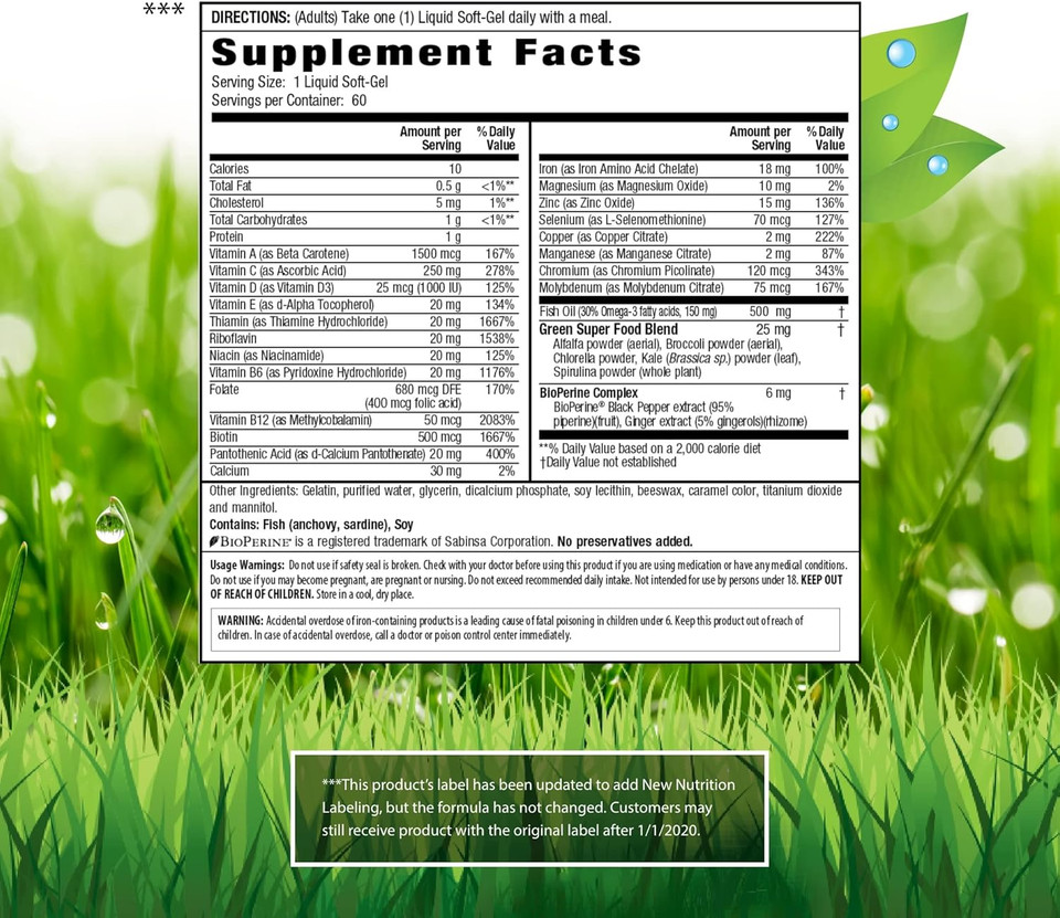 Irwin Naturals Only One Liquid-Gel Multi With Iron Daily Essential Vitamins, Minerals, Antioxidants, Omega-3S & Green Super Foods - 60 Liquid Softgels