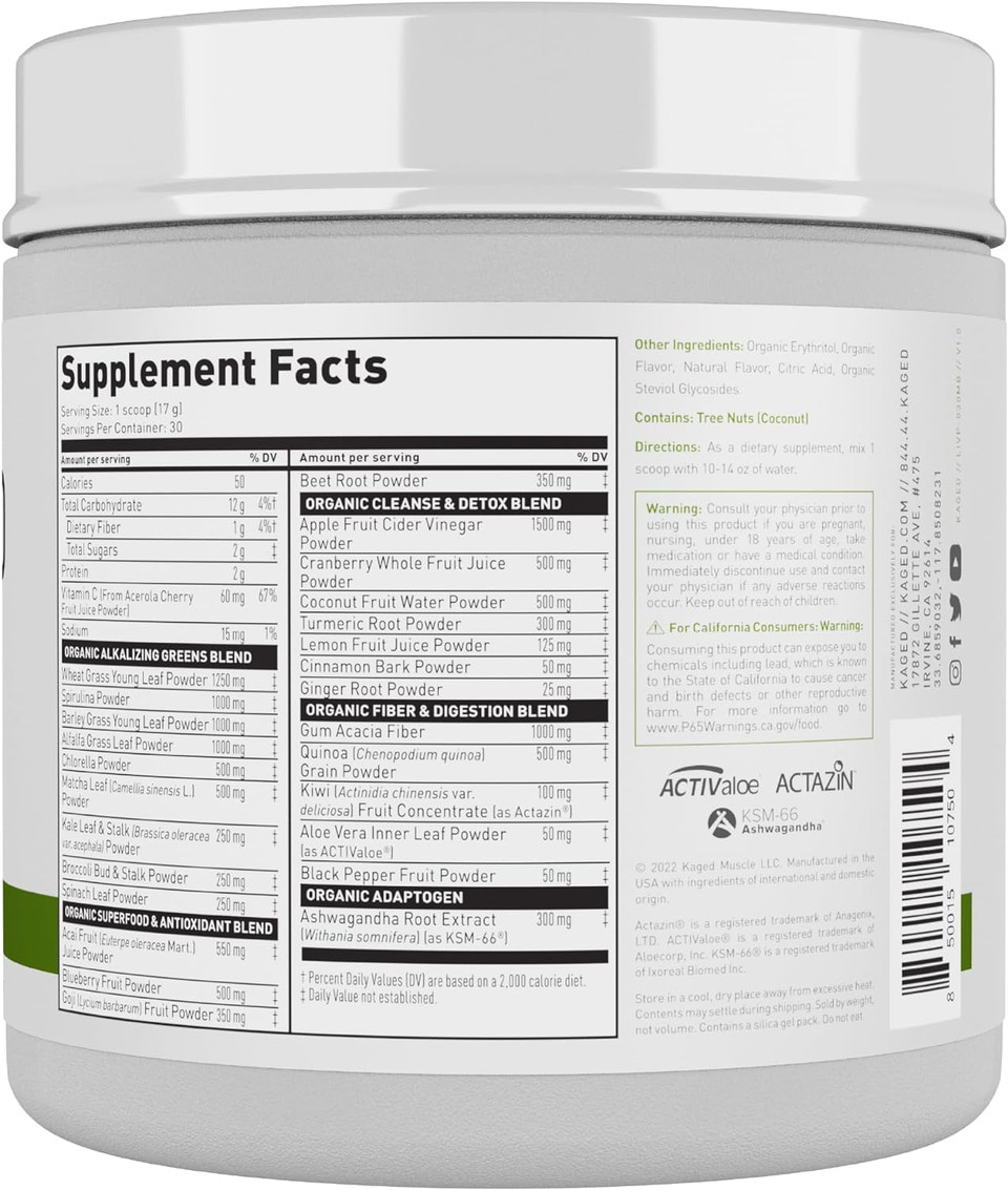 Kaged Organic Greens Superfood Powder | Berry | Wellness With Supergreens | Apple Cider Vinegar | Ashwaghanda | 30 Servings