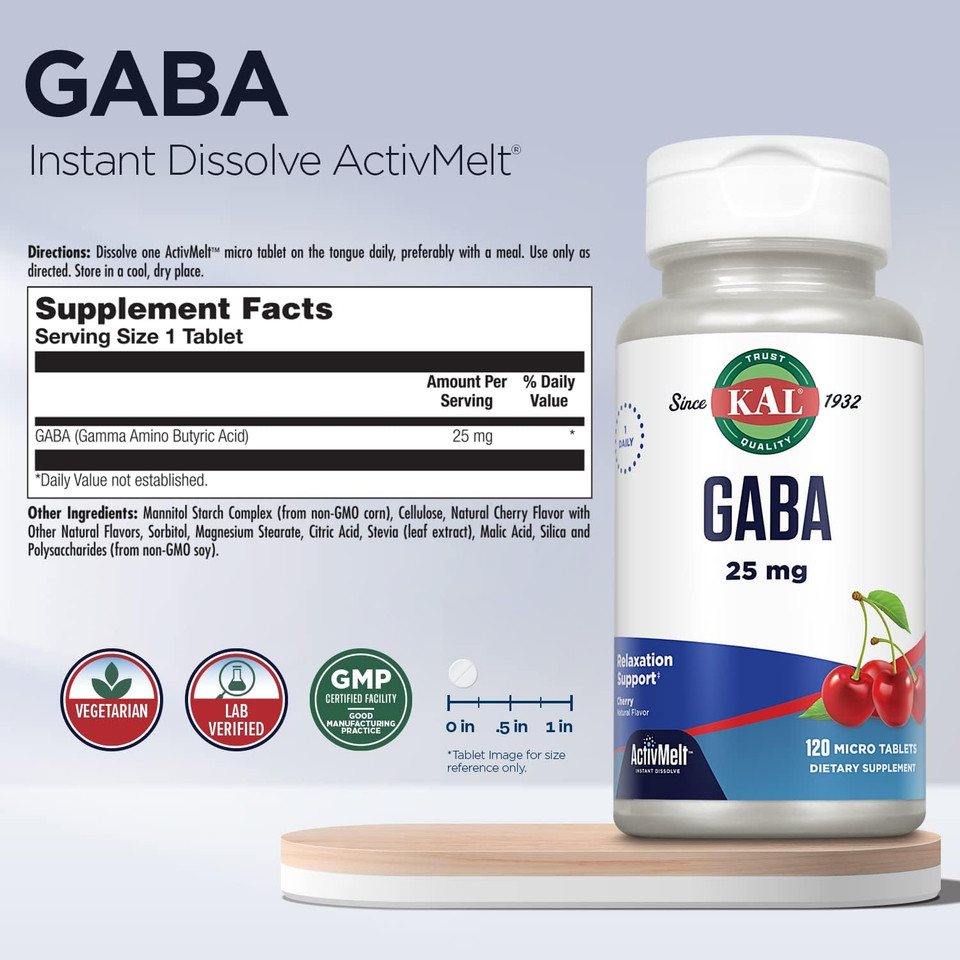 Kal Gaba Supplement, Relaxation Support And Stress Relief Support, Natural Cherry Flavor Activmelt Instant Dissolve, Vegetarian, 60-Day Money-Back Guarantee, 120 Servings, 120 Micro Tablets
