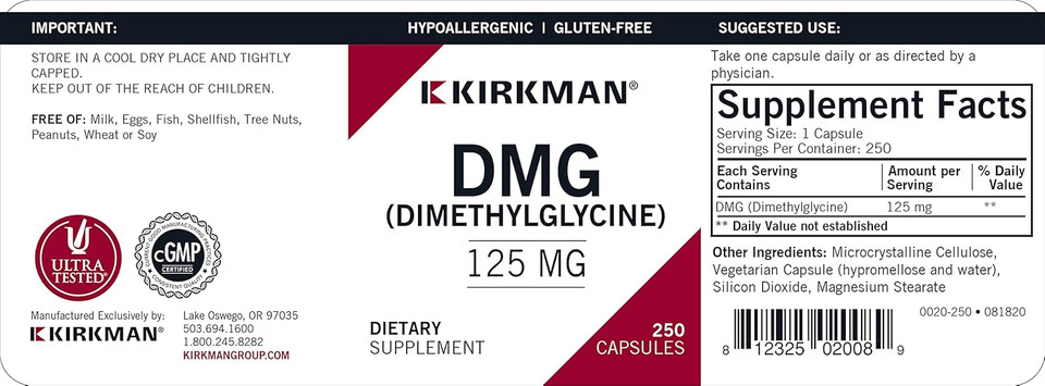 Kirkman  Dmg (Dimethylglycine) 125 Mg - Hypoallergenic - 250 Vegetarian Capsules