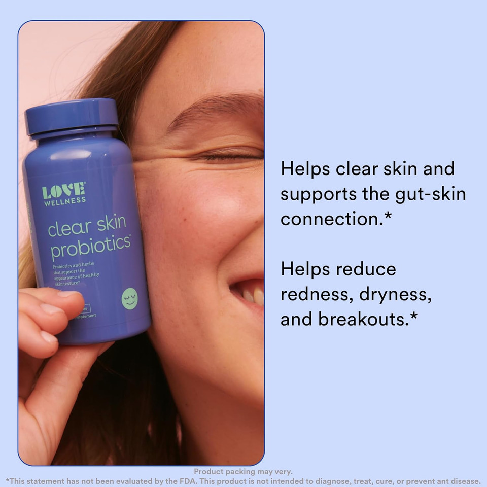 Love Wellness Clear Skin Probiotic | Clear Up Hormonal Acne Pimples, Reduce Pores For Healthy Hydrated Skin | Zinc, Bifidobacterium Longum & Chaste Tree Fruit Extract | Safe & Effective | 30 Capsules