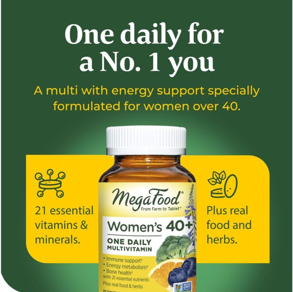 MegaFood Women's 40+ One Daily Multivitamin for Women with Vitamin B12, Vitamin B6, Vitamin C, Vitamin D, Zinc & Iron  Plus Real Food - Immune Support - Bone Health - Non-GMO - Vegetarian - 30 Tabs30 Count (Pack of 1)