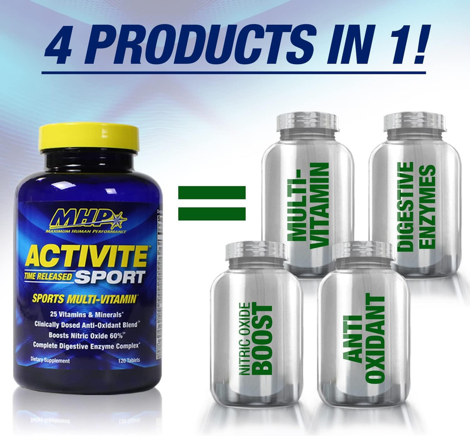 Mhp Activite Sport Multi Vitamin, 25 Vitamins And Minerals, Nitric Oxide Booster, Digestive Enzymes, Antioxidants, 120 Tablets