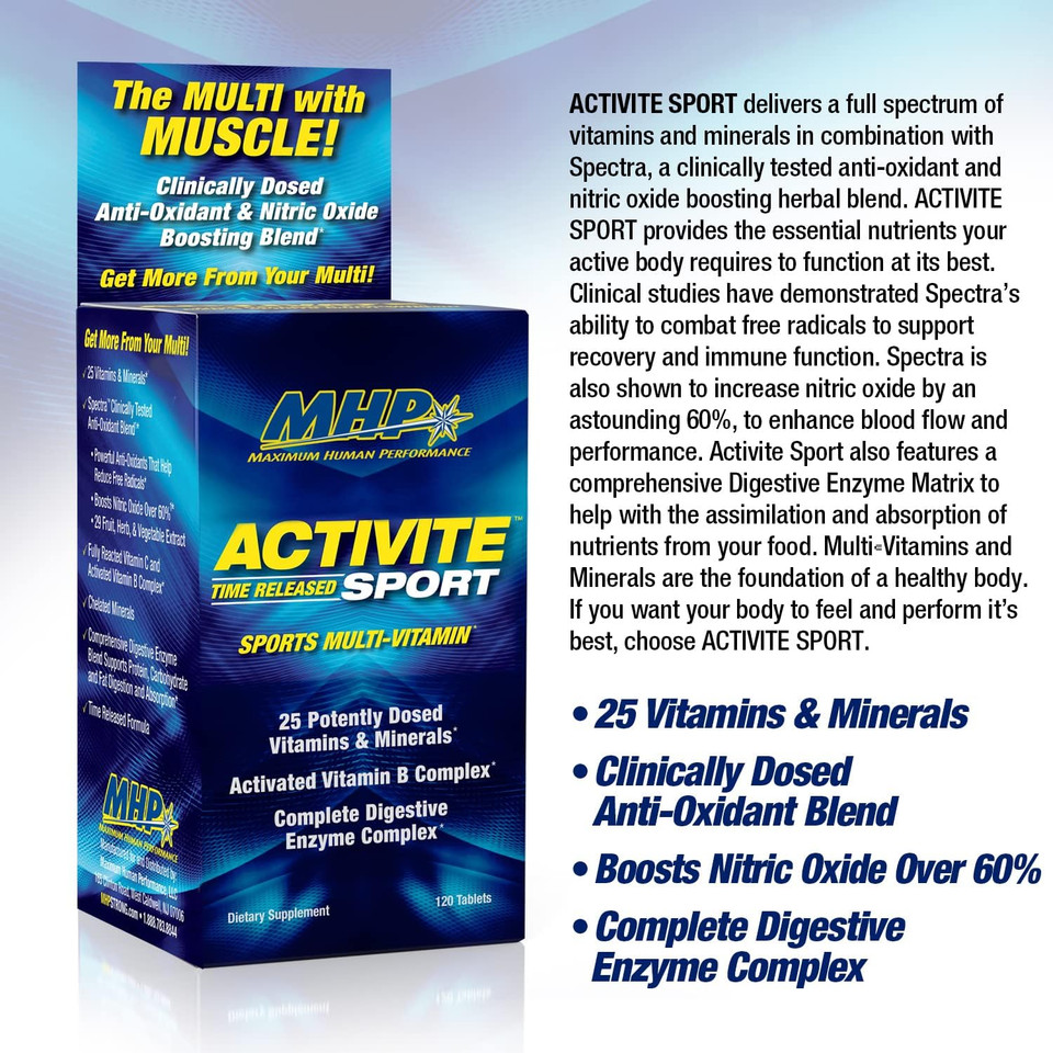 Mhp Activite Sport Multi Vitamin, 25 Vitamins And Minerals, Nitric Oxide Booster, Digestive Enzymes, Antioxidants, 120 Tablets