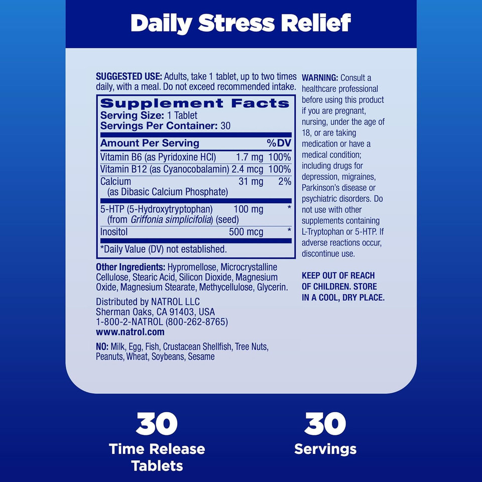 Natrol Daily Stress Relief Mood Support Time Release Tablets, Promotes A Calm And Relaxed Mood, 100Mg, 30 Count30 Count (Pack Of 1)