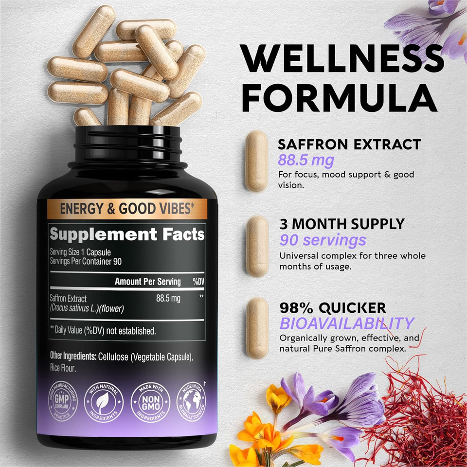 Natural Saffron Supplements - Mood | Focus | Vision | Energy Support - Made In Usa - Pure Saffron Extract 88.5 Mg - Eye Health For Women & Men - Nongmo Vegan Pills - 90 Powder Capsules, 3 Month Supply