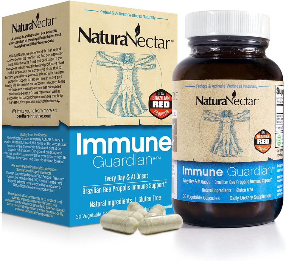 Naturanectar Immune Guardian, Natural Immune Support Supplement With Bee Propolis, High Concentration Broad Spectrum Flavonoids & Antioxidants, Brazilian Propolis Vegetable Capsules, 30 Count