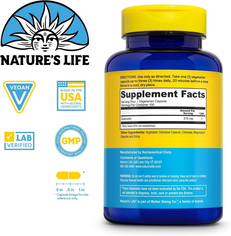 Nature'S Life Fortifying Quercetin 370 Mg - Bioflavonoid Support For Overall Wellness - Quercetin Supplements - Lab Verified, 60-Day Money-Back Guarantee - 100 Servings, 100 Vegetarian Capsules