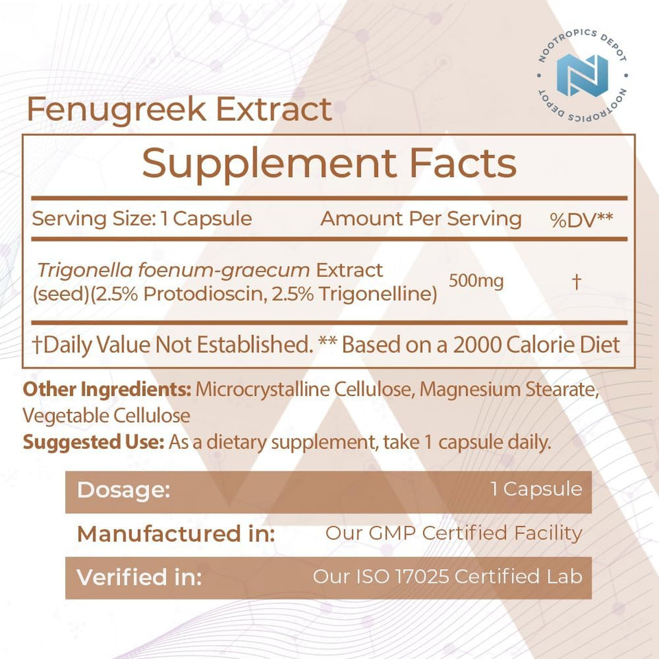 Nootropics Depot Fenugreek Extract Capsules | 500Mg | 60 Ct | 2.5% Trigonelline, 2.5% Protodioscin | Trigonella Foenum-Graecum | Mood, Fitness, & Metabolic Function