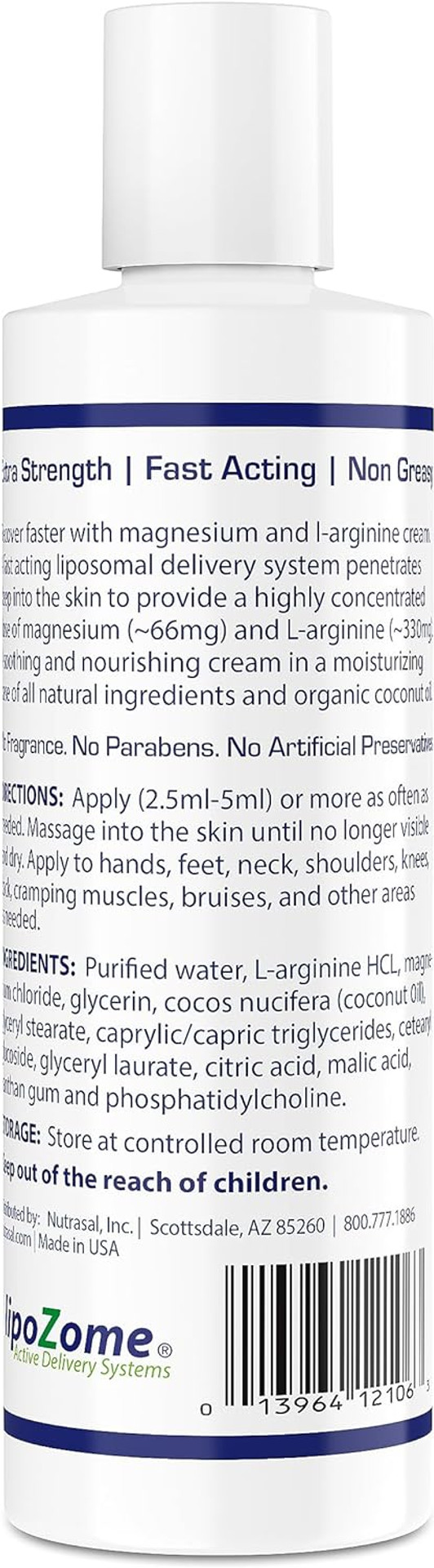 Nutrasal Magnesium L-Arginine Cream Nitric Oxide Blood Flow Circulation Lotion Supplement For Men And Women Bottle 8 Oz