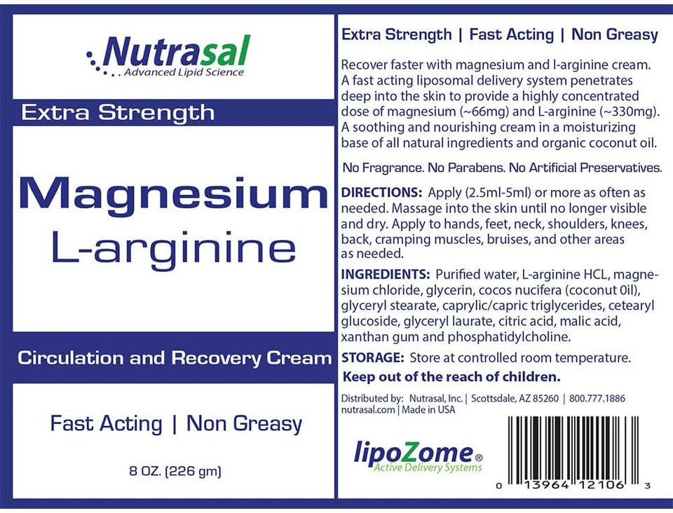 Nutrasal Magnesium L-Arginine Cream Nitric Oxide Blood Flow Circulation Lotion Supplement For Men And Women Bottle 8 Oz