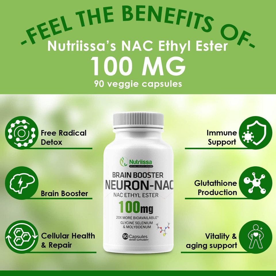 Nutriissa Neuron Nac Supplement N-Acetyl Cysteine Ethyl Ester - 20X More Bioavailable Than Nac 1200 Mg - Boost Glutathione 10X More Than Liposomal Glutathione - N Acetyl (90 Capsules)
