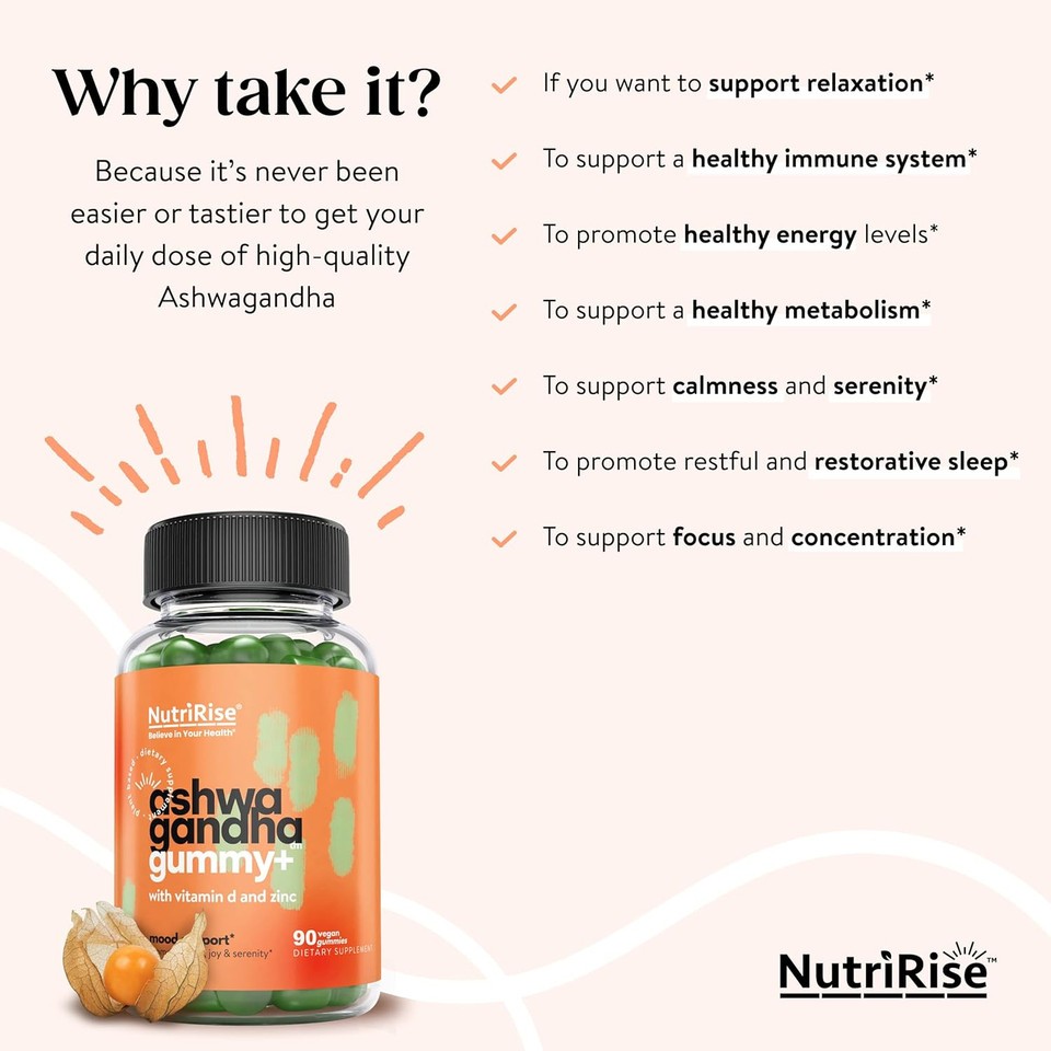 Nutririse High Potency Ashwagandha Gummies With Vitamin D, Zinc, Supports Natural Relaxation, Sleep & Immunity, Spinach Powder Superfood, 30:1 Concentrated Root Extract Equivalent To 2250 Mg, 90 Count