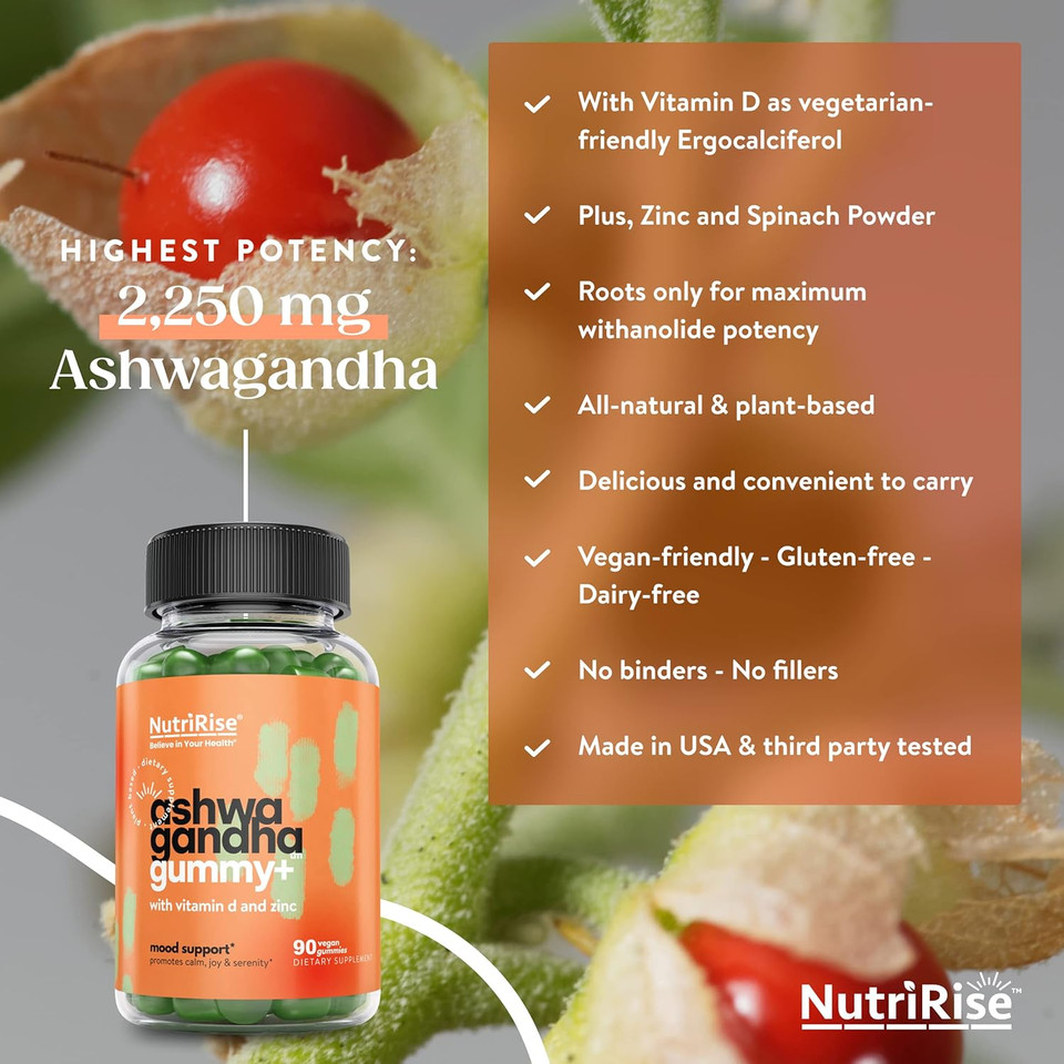 Nutririse High Potency Ashwagandha Gummies With Vitamin D, Zinc, Supports Natural Relaxation, Sleep & Immunity, Spinach Powder Superfood, 30:1 Concentrated Root Extract Equivalent To 2250 Mg, 90 Count