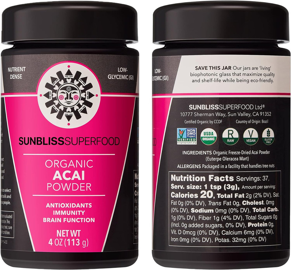 Organic Acai Powder By Sunbliss Superfood | 100% Pure Acai Powder For Smoothie Bowls, Juices, And Cooking | Usda Organic, Non Gmo, Vegan | Brazilian Acai Berry Powder | Reusable Glass Packaging